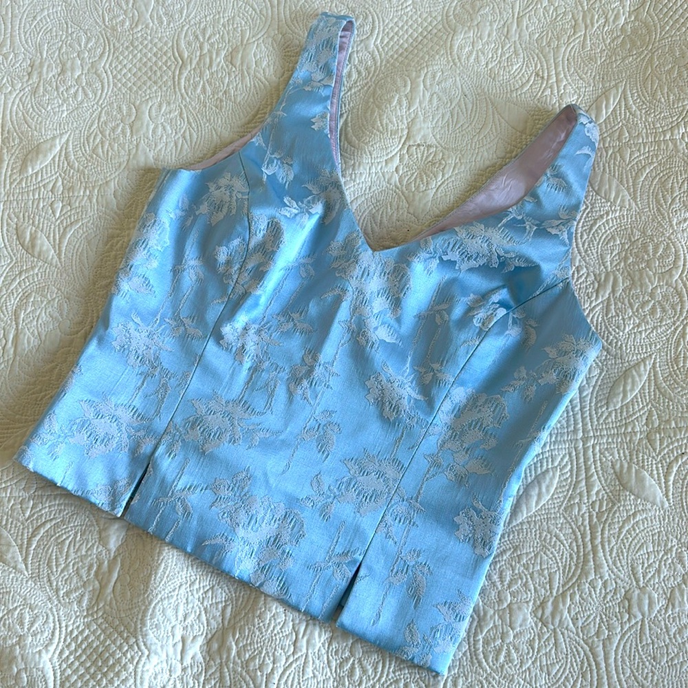bebe Light Blue Brocade V-Neck Crop Top